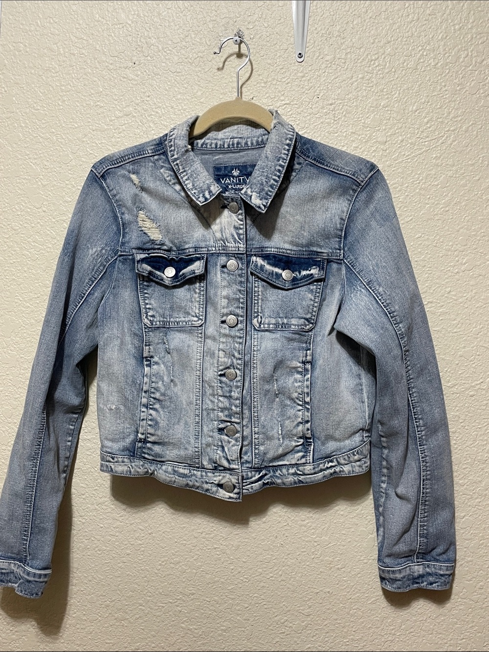 Vanity Vintage Distressed Women Jean Jacket. Good Distressed Condition. Size XL.